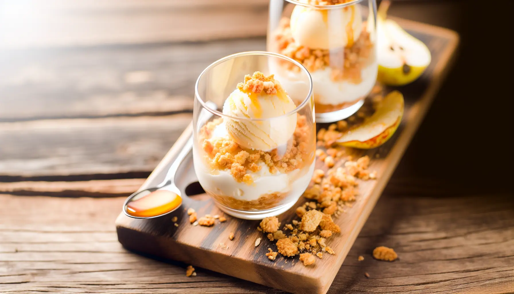 Pæreglace med karamelliseret citronsmør og sprød havrecrumble
