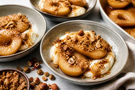 Pæregratin med mascarpone og nøddecrumbs