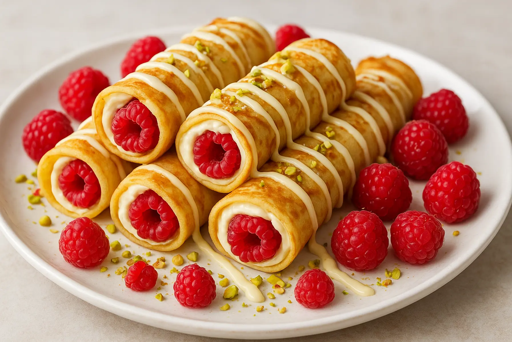 Pandekageruller med hindbær og hvid chokolade