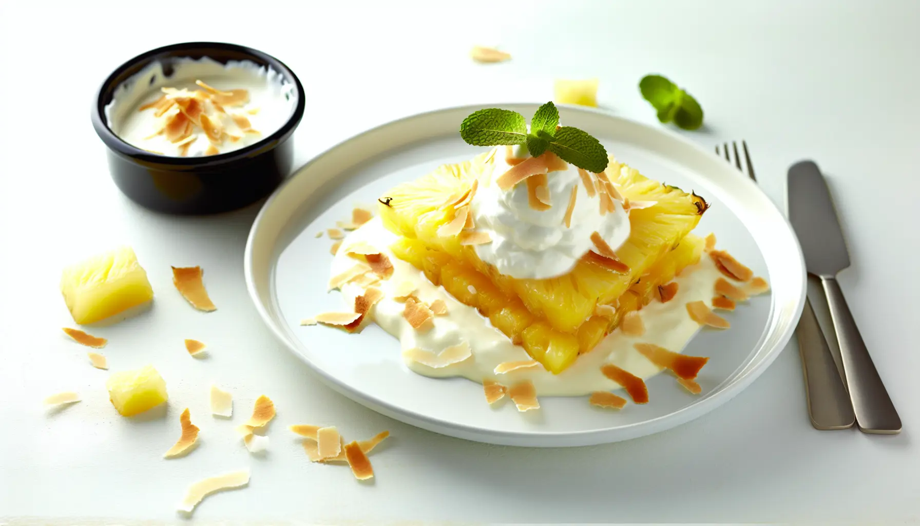 Ristet honningananas med vaniljeskum og ristede kokosflager