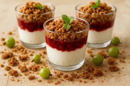 Rugbrødscrumble med skyrcreme og stikkelsbær