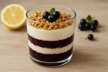 Saftig solbærkompot med havreknas og kærnemælkscreme