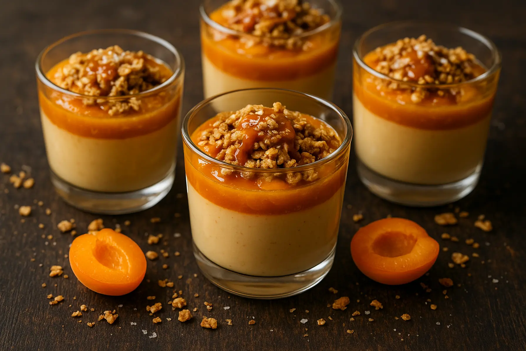 Saltkaramelpudding med abrikos og havrecrunch