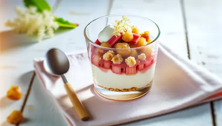 Syrlig rabarberkompot med hyldeblomstcreme og honningristede nødder