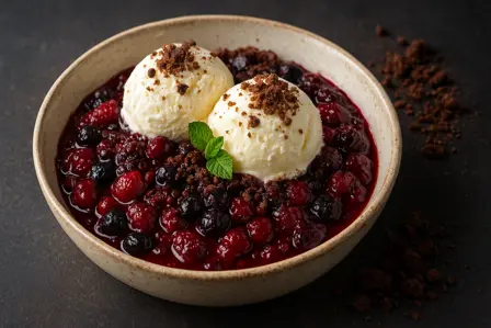 Varme bær med chokoladekiks og vaniljeis