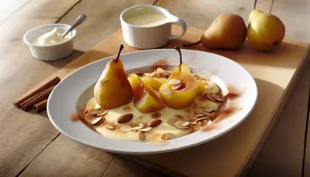 Varme pærer med kanelcreme og ristede mandler